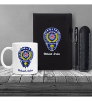 Kişiye Özel Polis Temalı UV Baskılı Siyah Defter & Siyah Roller  Kalem ve Kupa Seti