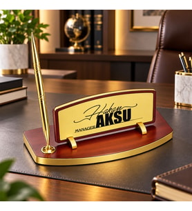 BK Gift Kişiye Özel Kalemli Ahşap Masa İsimliği Gold Plakalı BK26 -4
