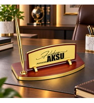 BK Gift Kişiye Özel Kalemli Ahşap Masa İsimliği Gold Plakalı BK26 -4