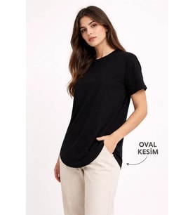 Basic T-Shirt Kısa Kol Bisiklet Yaka Oval Kesim Tişört - Siyah