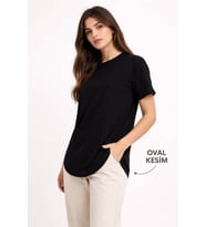 Basic T-Shirt Kısa Kol Bisiklet Yaka Oval Kesim Tişört - Siyah