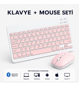ScHitec Bluetooth Klavye + 2,4 Ghz+Bluetooth Mouse Seti Type-C Şarjlı Pembe