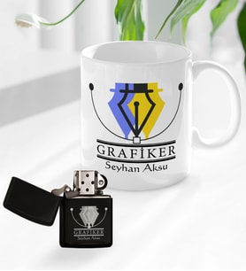 BK Gift Kişiye Özel Grafiker Tasarımlı Kupa Bardak ve Benzinli Çakmak Seti-1 (Model 1)