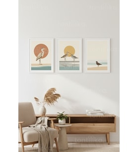 Minimalist Sahil Kuşları Gün Batımı 3’lü Ahşap Çerçeveli Tablo Seti