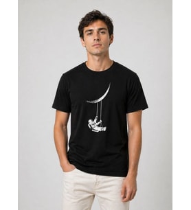 Erkek Astronot Ay Temalı Tişört Kısa Kol Yazlık Bisiklet Yaka T-Shirt - Siyah