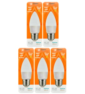(5 Adet) Osaka 9W (70W) Sarı Işık (3000K) E27 Duylu (Kalın Duy) Led Mum Ampul