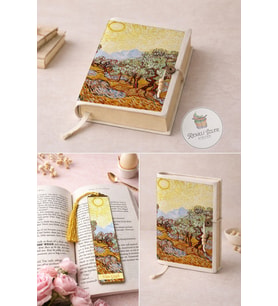 Kitap Kılıfı ve Metal Kitap Ayracı Seti (Van Gogh Zeytin Ağaçları)