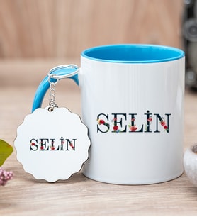 Kişiye Özel Çiçek Harf Tasarım İsim Yazılı Mavi Kupa Bardak ve Anahtarlık