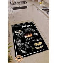 Menu Desenli Dekoratif Halı Makinede Yıkanabilir Yolluk Modern Mutfak Halısı Dijital Baskı Halı (Siyah)