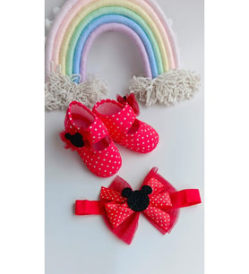Kız Bebek Kırmızı Puantiyeli Minnie Mouse Patik ve Bandana Seti
