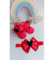 Kız Bebek Kırmızı Puantiyeli Minnie Mouse Patik ve Bandana Seti