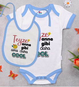 BK Kids Teyze Anne Gibi Tasarımlı Mavi Bebek Body Zıbın ve Mama Önlüğü Hediye Seti-1