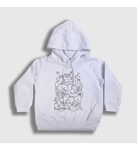 Presmono Unisex Çocuk Beyaz Cats Everywhere Kedili Kapüşonlu Sweatshirt 317208tt