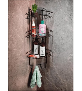 Haus Siyah Yapışkanlı Banyo Köşeliği Düzenleyici, Şampuanlık, Duş Rafı 3 Katlı - 4 Kancalı - EK