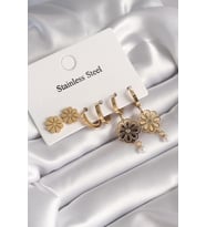 Çelik Gold Renk Zirkon Taşlı Çiçek Model Kadın Küpe Seti