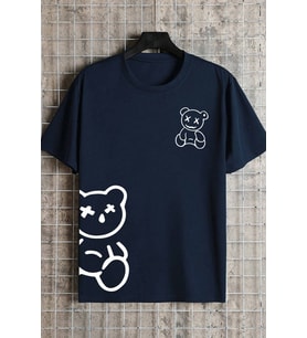 Unisex Draw Bear Baskılı Tasarım Tshirt (Lacivert)