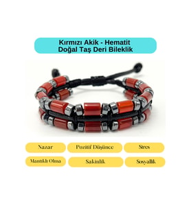 Sertifikalı Kırmızı Akik ve Hematit Makrome Doğal Taş Deri Erkek Bileklik