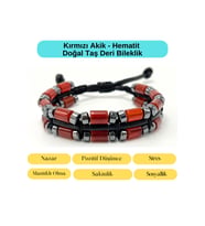 Sertifikalı Kırmızı Akik ve Hematit Makrome Doğal Taş Deri Erkek Bileklik