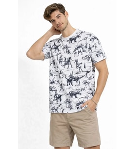 Erkek Beyaz Dinozor Desenli Tişört – Regular Fit, Bisiklet Yaka, Dijital Baskılı Pamuklu T-Shirt - Beyaz
