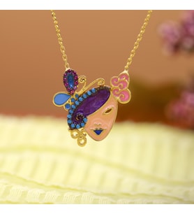 Turkuaz Taşlı Renkli Mineli Kelebekli Maske Gümüş Kolye