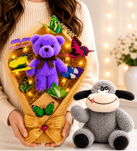 Büyük Boy LED Işıklı Ayıcıklı Renkli Kelebek Buketi ve Peluş Eşek Hediye Seti