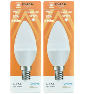 (2 Adet) Osaka 7W (50W) Beyaz Işık (6500K) E14 Duylu (İnce Duy) Led Mum Ampul