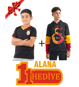 Galatasaray Orijinal 5 Yıldız Siyah Sweatshirt Siyah Çocuk T-Shirt Hediyeli