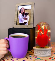 Kişiye Özel Set Mor Kupa Bardak, Led Işıklı Fanus ve Fotoğraf Seti (Model 1)