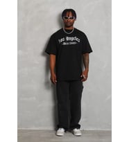 Unisex Oversize Baskılı Bisiklet Yaka T-Shirt - Siyah