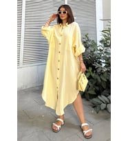 Kadın Sarı Muslin Kumaş, Yarasa Kol, Eteği Oval, Çift Cepli, Uzun Oversize Salaş Gömlek Elbise