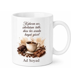 Kahve ve Çikolata Aşkı Yazılı Baskılı Kupa Bardak Hediye Porselen Mug