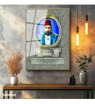Altın Renk Metal Çerçeveli Tamperli Cam Tablo Sultan II Abdülhamid Portresi Osmanlı Tablosu Duvar Dekoru