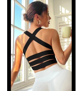 Fantezia Night Kadın Siyah Sırtı Çapraz Lastik Detaylı Crop Top Bluz