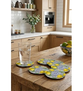 Sicilya Serisi Limon Desenli Bardak Altlığı 6'lı Set – UV Baskı, 3 mm MDF Dekoratif Bardak Altlık