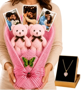 Kişiye Özel 3 Fotoğraflı Pembe Peluş Ayıcık Buketi ve Pembe Taşlı Kalp Kolye