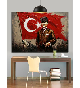 Türk Bayrağı Önünde Atatürk Dekoratif Kanvas - Mdf Ahşap Tablo
