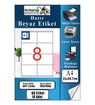 A4 Hazır Etiket 105x70 mm 10 Sayfa 1 Paket 8 li Kendinden Yapışkanlı Fotokopi Lazer İnkjet Kağıdı Yazıcılar İçin Uyumlu (Beyaz)