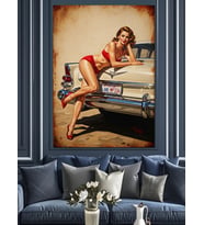 Pin Up Kızı Ve Araba Dekoratif Kanvas - Mdf Ahşap Tablo