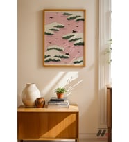 Pembe Bulut ve Kuş Deseni, Ahşap Çerçeveli Duvar Tablosu - Modern Ev Dekorasyonu