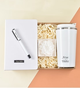 Kişiye Özel Beyaz Defter& Beyaz Roller Kalem& Beyaz Çelik Termos& Lotus Çiçeği Model Beyaz Renkli Mum Hediye Seti