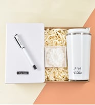 Kişiye Özel Beyaz Defter& Beyaz Roller Kalem& Beyaz Çelik Termos& Lotus Çiçeği Model Beyaz Renkli Mum Hediye Seti
