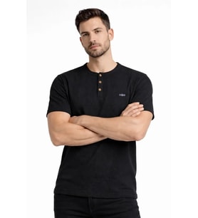 Erkek Waffle Dokulu Likralı Henley Yaka Düğmeli Regular Fit Kısa Kollu T-Shirt - Siyah