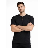Erkek Waffle Dokulu Likralı Henley Yaka Düğmeli Regular Fit Kısa Kollu T-Shirt - Siyah