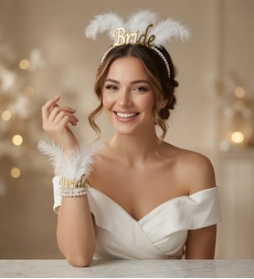 Bride İncili Tüylü Gold Taç ve Bileklik Seti Bekarlığa Veda Kına Gecesi Aksesuarı