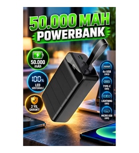50.000 mAh LED Ekranlı Powerbank – 4 USB Portlu, Type-C, Lightning ve Micro USB Girişli