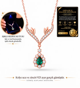 925 Ayar Gümüş Yeşil Damla Taşlı Tasarım Kolye - Büyük Boy LED Işıklı Takı Kutulu