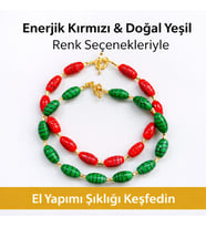 Enerjik Kırmızı Doğal Yeşil Cam Boncuk Tasarım Kolye Gold Kaplama El Yapım
