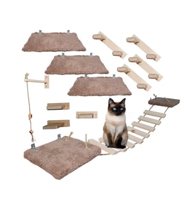Barış Dizayn 12 Parça Doğal Ahşap Peluş Kedi Oyun Merdiveni Seti Köprü Platform Oyun Duvarı (SET3) (Kahverengi)
