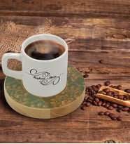 BK Gift Kişiye Özel Retro Motif Tasarımlı Doğal Ahşap Tabaklı Türk Kahvesi Fincanı Model 5