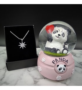 Sevimli Işıklı Panda Kar Küresi& Gümüş Kutup Yıldızı Zirkon Taşlı Kolye Hediye Seti